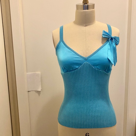 NWT Bebe Silk Ribbed Bow Tank Top Turquoise M - Picture 8 of 10